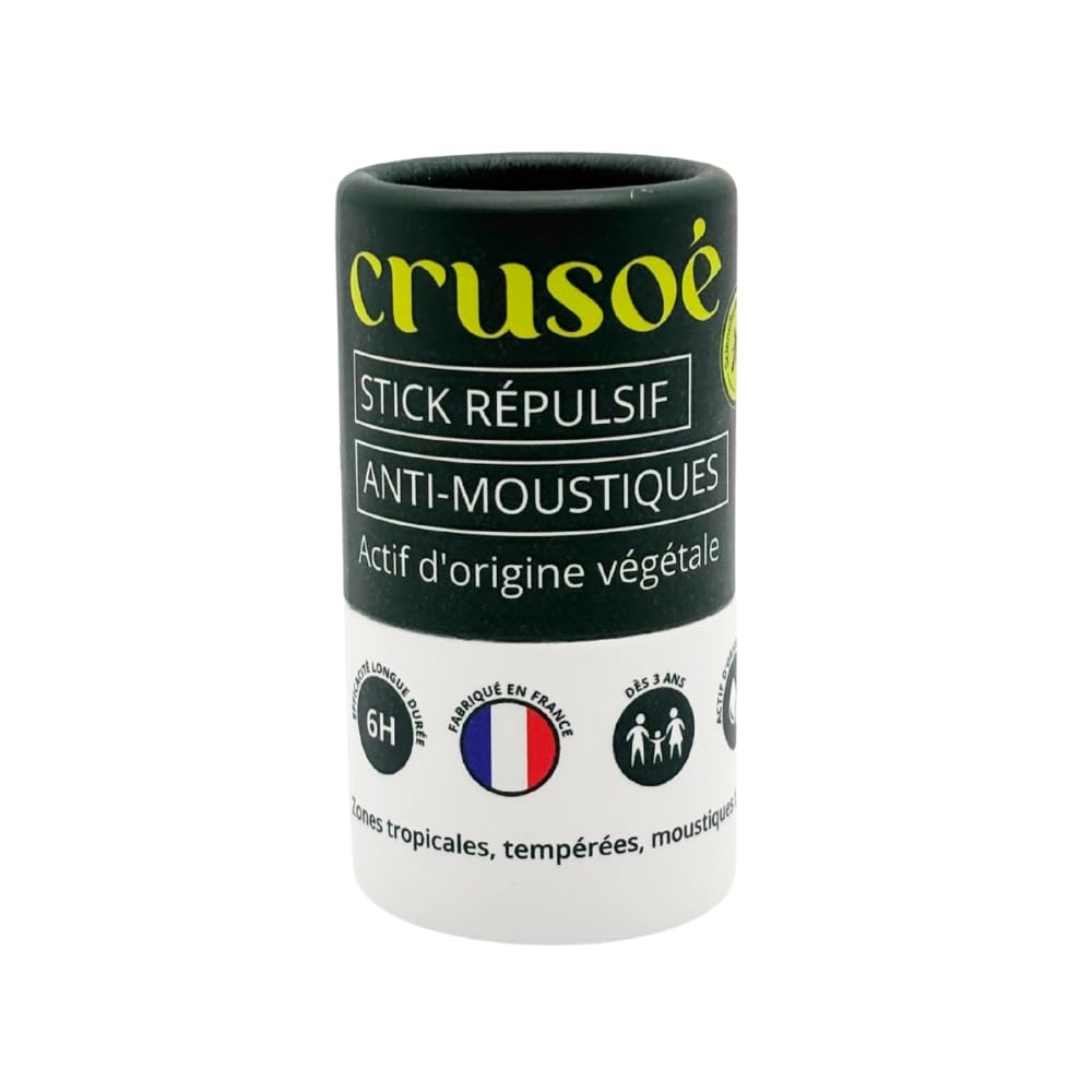 CRUSOÉ - Stick Anti Moustiques - Dès 3 Ans - Efficacité 6H - Zone Tropicale Et Tempérée - Formulation 100% Végétale - Fabriqué En France - 20 g