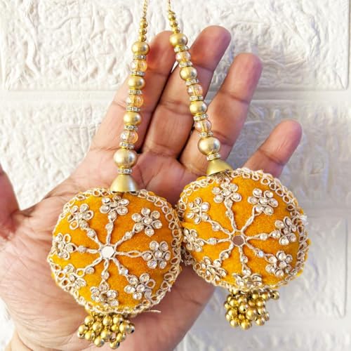 Image of Adikala Craft Store Handmade Ethnic Silk Latkan Tassel Set of 2 for Saree Pallu, Blouse, Suits, Dupatta, Lehenga Decor | Wedding Festival Occasion (Round Mustard Yellow)