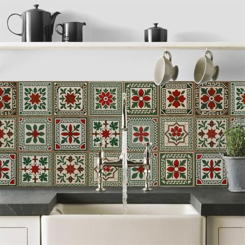 Carrelage Adhesif Mural Cuisine 10X10CM Fleurs Rouges Dalle Pvc Adhesive Murale Salle de Bain,Feuilles de Stickers Muraux en Vinyle, Stickers Carrelage...