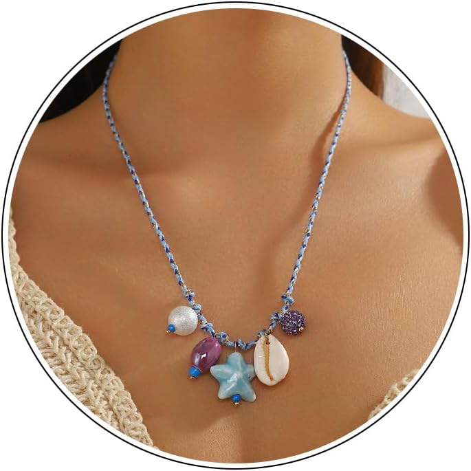 Shell Starfish Necklace for Women Trendy Boho Seashell Conch Pendant Necklaces Blue Simple Pearl Rhinestones Bead Beach Necklace Summer Ocean Choker Necklaces Cute Mermaid Costume Jewelry Gift