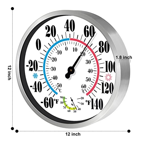 12'' Indoor Outdoor Thermometer Hygrometer - Premium Steel Outdoor Thermometer Large Numbers, Hanging Wall Thermometer Hygrometer For Home, Garden, Patio (No Battery Required) #TOP4
