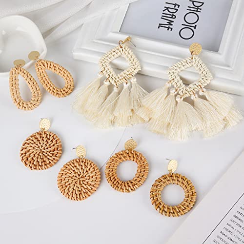 4 Pairs Rattan Earrings For Women Girls Lightweight Geometric Tassel Woven Bohemian Statement Earrings Handmade Straw Wicker Braid Teardrop Hoop Drop Dangle Earrings (Style-2) #TOP4