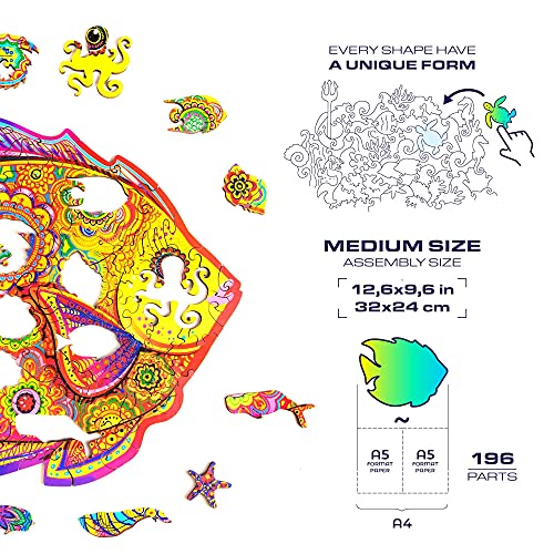 UNIDRAGON Wooden Jigsaw Puzzle, Best Gift for Adults and Kids, Unique Shape Jigsaw Pieces Shining Fish, 12.6 x 9.6 in… – Bild 3