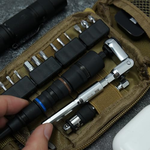 Image of 711L EDC Flex Head Ratchet Wrench with T-Handle, 1 /4 Inch Mini Ratchet Tool with Socket Extension and Keyring Hole for Everyday Carry