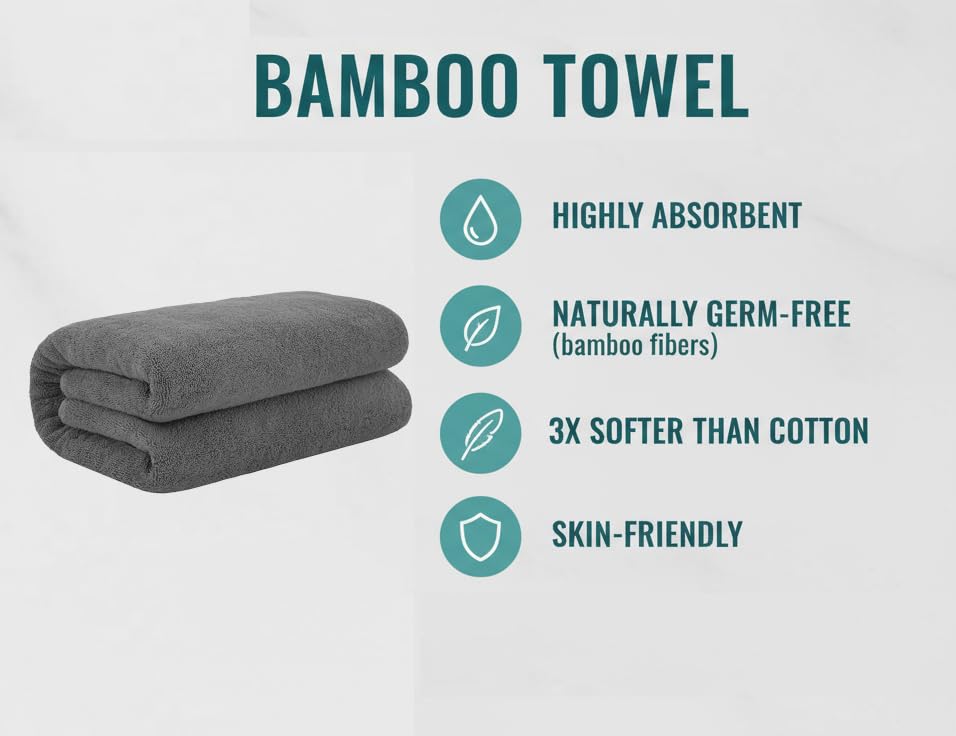 Image of IVAZA Ultimate Luxury with Our 600 GSM Bamboo Bath Towel - Experience 3X The Softness of Cotton with Ultra-Absorbent, Eco-Friendly Fibers for a Spa-Like Feel at Home (120x60 cm) Pack of 1 Dark Grey