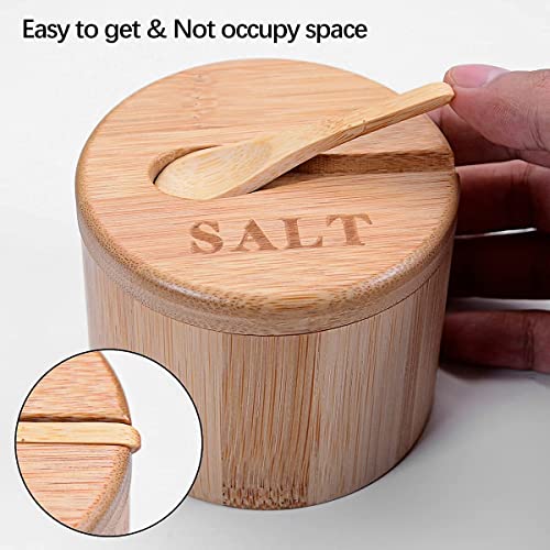 Yixivalley 2Pcs Bamboo Salt And Pepper Bowls, Cellar With Magnetic Swivel Lid, Containers Serving Spoons, Box Engraved For Salt, Pepper, Spice, Sugar, Brown #TOP5