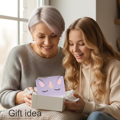 Image of CONISY Cute Wallets for Women, Leather Bifold Small Wallet with Zipper Coin Purse, RFID Blocking Wallet for Girls and Ladies, Unicorn Purple, 4.52 x 3.54 x 0.59 inches, Moden