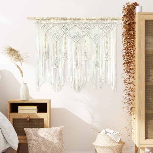 Mocoli Rideau En Macramé, Tapisserie TisséE BohèMe 100x80cm Tenture Murale En Macramé Avec Perles En Bois Rideau De Porte Mural Fait à La Main Pour...