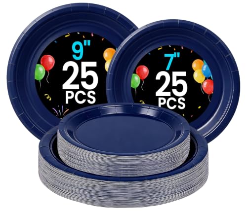 LANLISA 50 Navy Blue Paper Plates Disposable Set Includes 25-9 & 25-7 Disposable Birthday Cake Dessert Paper Plates For Party Supplies
