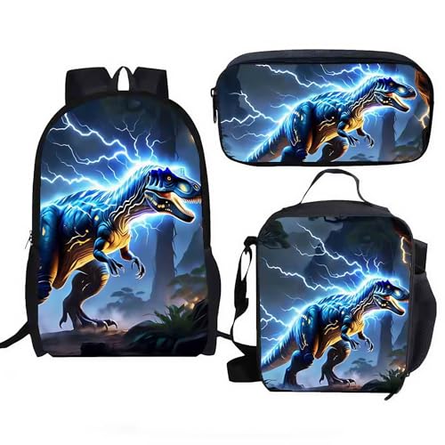 Dinosaur Backpack, Navy Blue, T-Rex Design with Electric Storm Graphics, 11x17x4 Inches