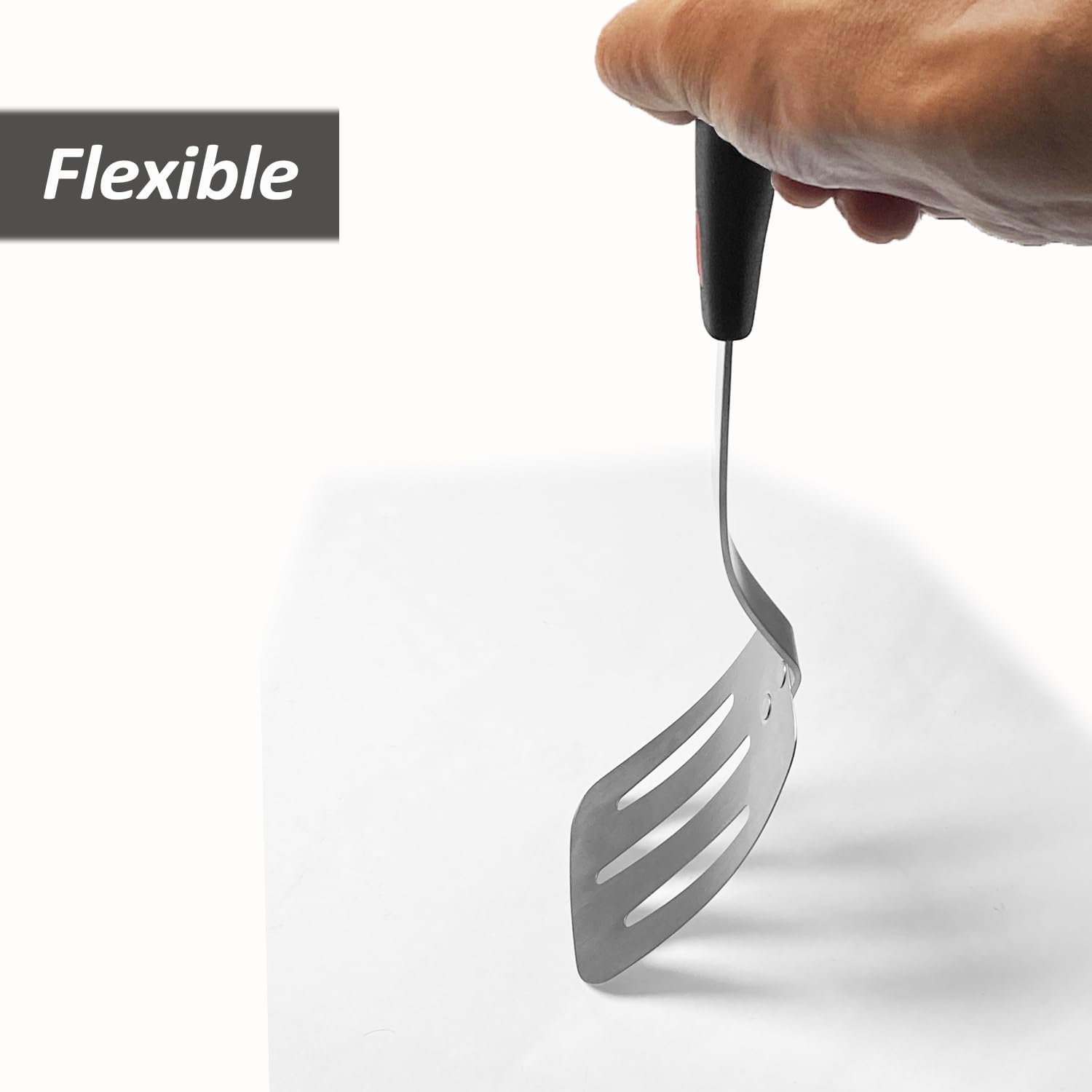 XiaoZu Stainless Steel Flexible Spatula Turner, Thin Metal Slotted Spatula for Cast Iron Skillet, Thin Blade and Heat Resistant Silicone Handle (Slotted Medium)