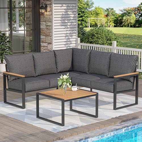 Metal Patio Furniture Set, 6 Pieces Outdoor Sectional Sofa Set with Side Table, L Shape Patio Conversation Set with Faux-Wood Tabletop, Outdoor Couch for Balcony, Porch, Backyard, Grey