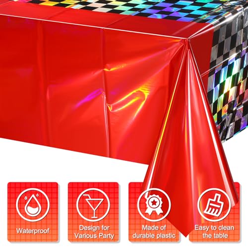 Image of 3Pack Iridescent Race Car Plastic Tablecloth, Disposable Shiny Laser Red and Black Checkered Table Cloth, Holographic Foil Rectangle Tablecloth for Race Car Boys Birthday Party Decorations, 54x108Inch
