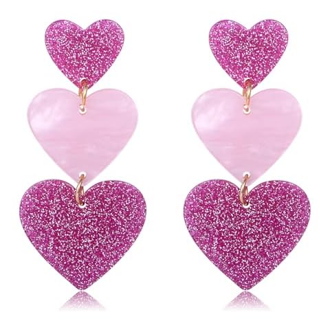 AVYRING Pink Earrings Heart Earrings Big Heart Dangle Earrings Hot Pink Earrings for Women Pink Statement Earrings Valentine's Day Earrings Cover
