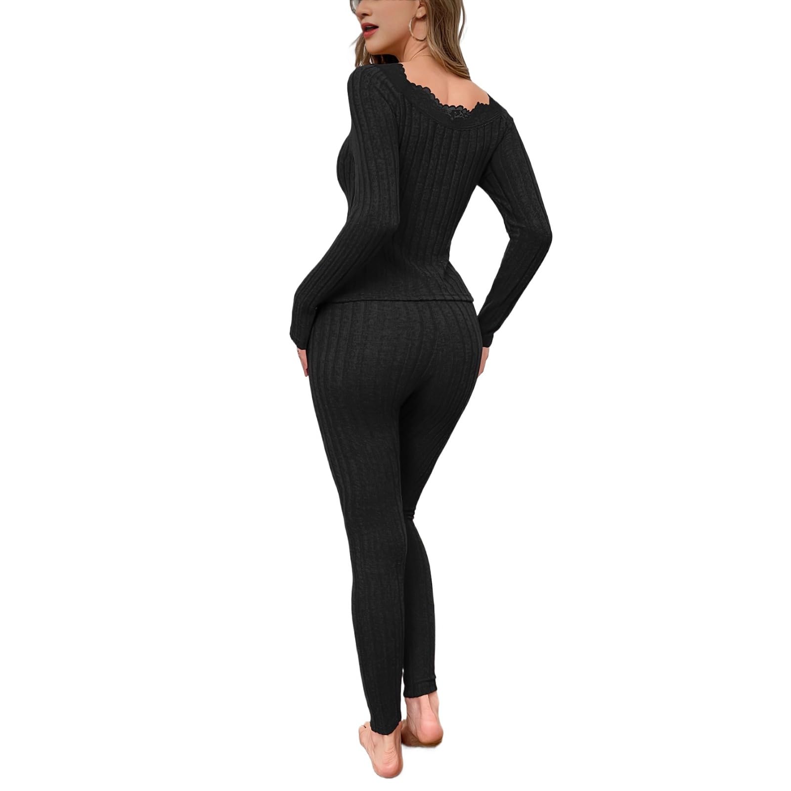 KIRYU Conjunto de ropa interior térmica para mujer, cuello en V, manga larga y leggings, capa base suave, pijama cálido de invierno y ropa de descanso
