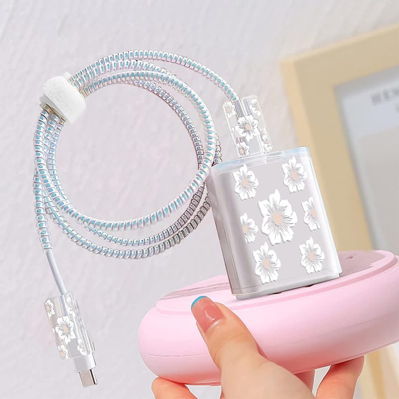 Image of iPhone Charger Case,Accessories,Protective Case for 18W 20W iPhone 15 14 13 12 11 Pro Max Fast Charging Cable Adapter Charger, Cute Lightning Data Cable Case for iPhone Charger,(Camellia)