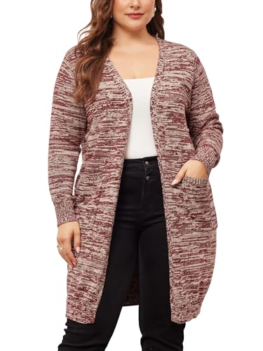 Image of Agnes Orinda Plus Size Sweater Cardigan for Women Contrast Color Open Front Long Sleeve with Pockets Cardigans Sweater Coat