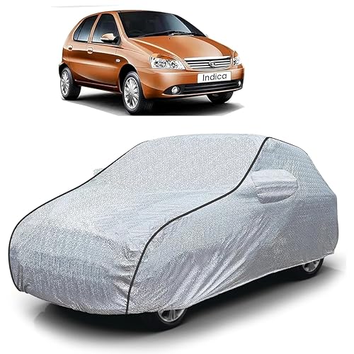 Image of Sulfar 100% Waterproof Car Body Cover Compatible with Mirror for Tata Indica (Triple Stitched, Full Bottom Elastic, Magic Silver with Black Piping)