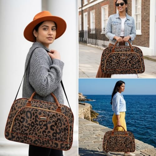 Image of PALAY Travel Duffle Bag for Men Women Leopard Printed PU Leather Carry On Overnight Tote Weekender Overnight Bag