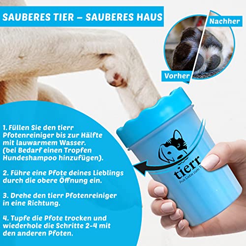 tierr Pfotenreiniger für Hunde | Entfernt Schmutz von Hundepfoten | Gründliche Reinigung mit weicher Bürste | spülmaschinenfest (Blau, Größe M + Krallenschere)