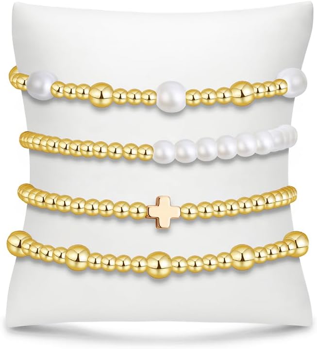 BOMAIL Gold Beaded Bracelets for Women Trendy Non Tarnish Gold Bracelet Stack 14K Gold Plated Pearl Bead Bracelets Cross Bracelets Set Stackable Stretch Beads Bracelet