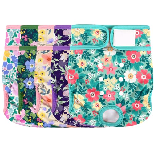 Image of wegreeco Female Dog Diapers, Washable Reusable Pet Puppy Doggie Diapers for Small Medium Large Female Dogs in Heat Period, Doggy Period Panties, 5 Pack, X-Large, Colorful Flowers