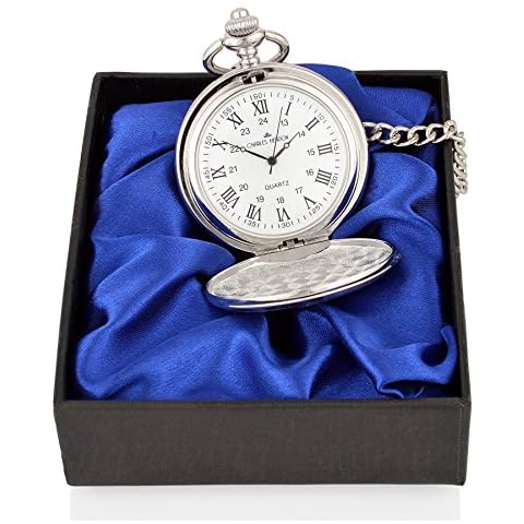 Personalised Engraved Pocket Watch with Roman Numbers and Spare Battery Gold or Silver, with Satin Box or Without, with Free Engraving (PW Roman Silver Boxed) Cover