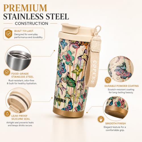 Image of Vasukie Stainless Steel Coffee Tumbler with Carrying Strap, Aesthetic Cream Butterfly & Floral Travel Mug, Leakproof Water Bottle for Women & Girls (500ML)