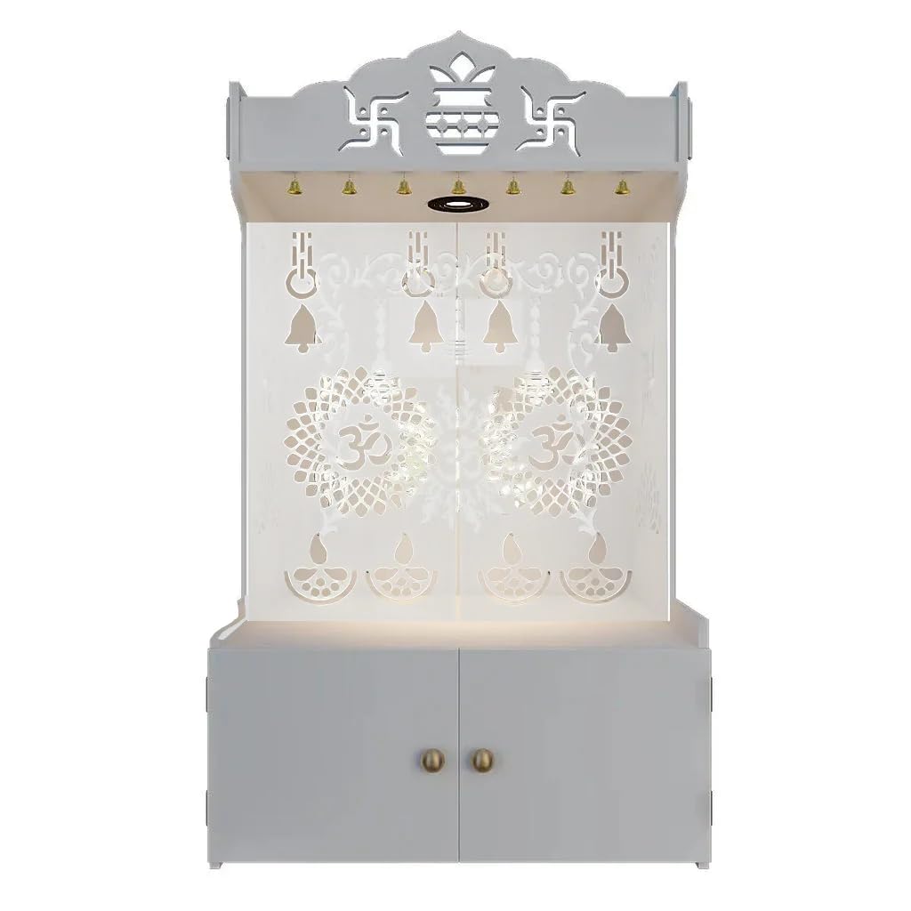 Tempio per la casa in legno con porta, mensola e luce LED integrata, in MDF, Pooja Mandir con cassetto per casa, ufficio, studio, fai da te da pavimento (45 x 57 x 96 cm) (design Om, bianco)