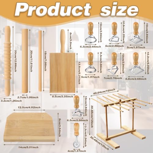 Suclain 14 Pcs Pasta Making Tool Set Includes Wooden Cutter Dough Scraper Rolling Pin Pasta Drying Rack Gnocchi Board Wood with Roller 8 Ravioli Stamp Maker Cutter for Kitchen Noodle (Classic)