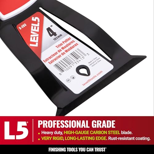 Image of LEVEL5 4 inch Trim Puller & Multi-Tool | Baseboard and Trim Removal, Caulk Removal, Scraping, Pulling Brad Nails | Metal Hammer End & Soft-Grip Handle | 5-203