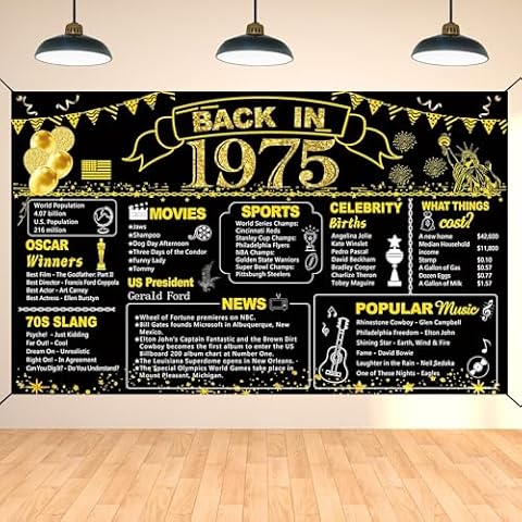 DARUNAXY 50th Birthday Black Gold Party Decoration, Back in 1975 Banner 50 Year Old Birthday Party Poster Supplies Vintage 1975 Backdrop Photography Background for Men & Women 50th Class Reunion Decor Cover