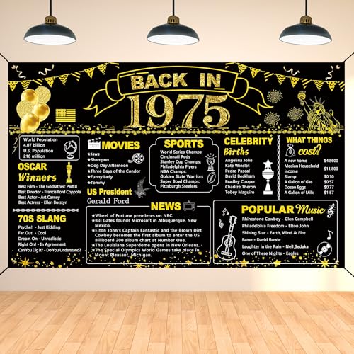 Image of DARUNAXY 51st Birthday Black Gold Party Decoration, Back in 1975 Banner 51 Year Old Birthday Party Poster Supplies Vintage 1975 Backdrop Photography Background for Men & Women 51st Class Reunion Decor