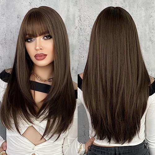 PORSMEER Long Dark Brown Wigs for Women,Layered Straight Synthetic Heat Resistant Hair Wig with Fringe for Ladies Party Halloween Facny Dress Costume Anime