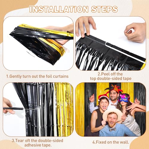 Image of Black and Gold Party Streamers Decoration, 2Pack Graduation Tinsel Backdrop Party Decorations, Foil Fringe Backdrop for 2025 NYE /Anniversary /Farewell /Cocktail /Prom /EID /Birthdays Xmas Wedding Decors