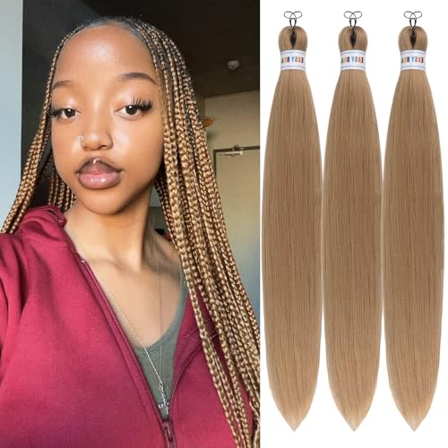 Brown Blonde Braiding Hair Pre Stretched Color 24/27/613 Prestretched Hypoallergenic Braiding Hair Extensions Synthetic Knotless Box Braids Itch Free Yaki Texture 26 Inch (3 Packs)