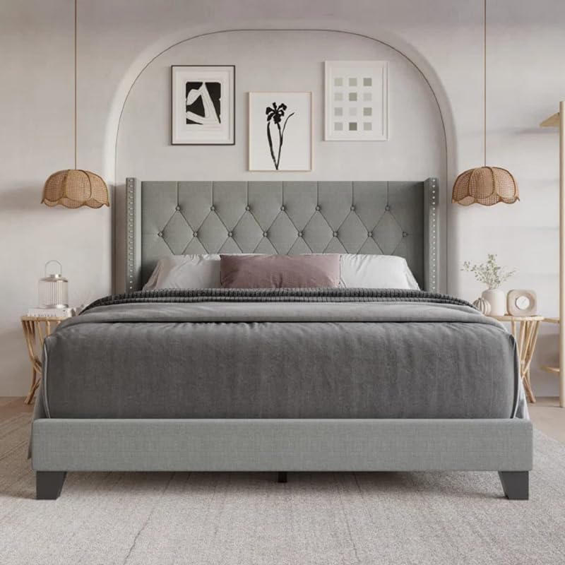 Image of HITHOS Solid Wood Modern Upholstered King Size Bed with Tufted Headboard and Without Storage | Wooden Double Bed Cot Furniture for Home Hotel Bedroom Living Room (Grey) 1 Year Warranty
