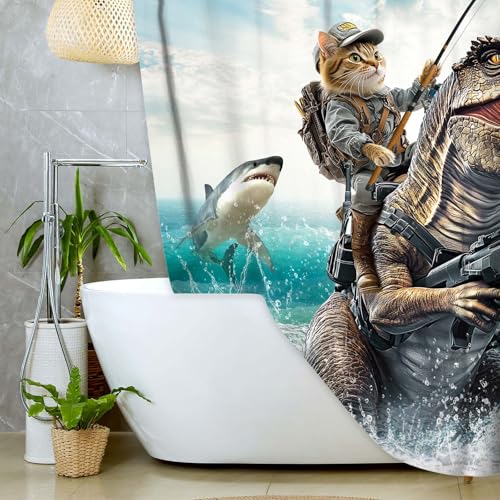 Image of Funny Cat Dinosaur Shower Curtains, Fun Cat Fishing Riding Dino Fighting on Blue Ocean Shower Curtain Sets with Hooks, Waterproof Fabric Kids Men Cool Bath Curtain for Bath Decor, 72x72 Inches