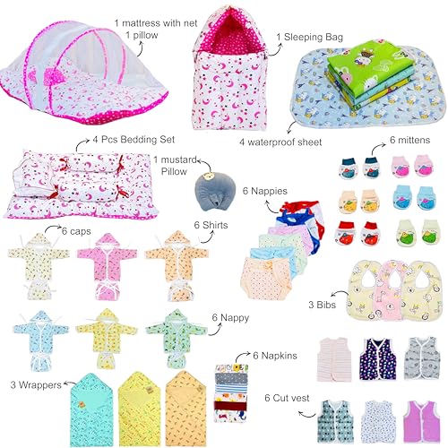 Image of Infantbond Baby All Season Use Hospital Essential Combo for New Born | Gift Pack | Baby Products | Maternity Essentials | Bedding Set (60 Items)(0-6 Months) (Pink Moon 59)(Colours May Vary)