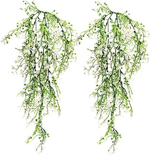 RIGHTA TECH Artificial Flowers Babies Breath Flowers Hanging Plants Flowers Plastic Fake Ivy Vine Flowers Hanging Plants Fake Gypsophila Plants Flowers for Wedding Wall, Home Decorate 2pcs White