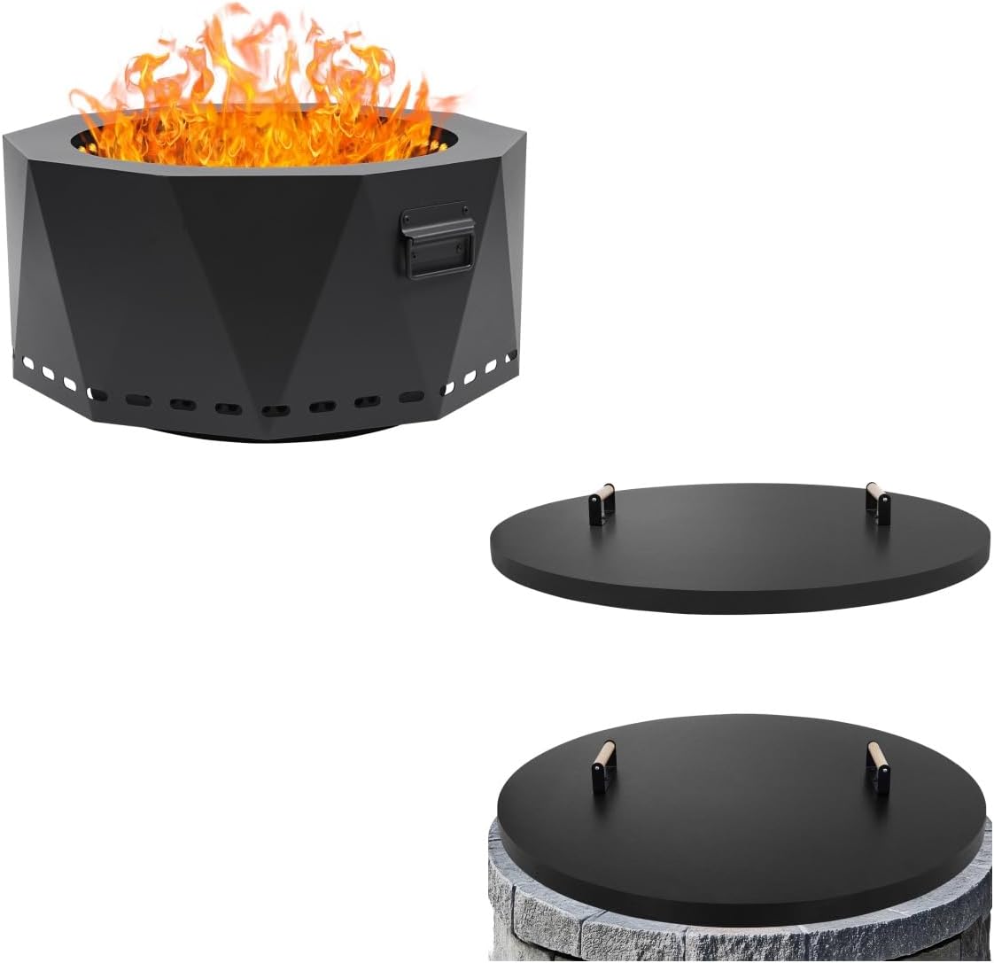 Smokeless Firepit Outdoor-25 Inch Large Smokeless Fire Pits for Outside with Handles, Fire Pit Lid Cover Round - 38" Rust Resistant Powder Coated Steel Firepit Cover
