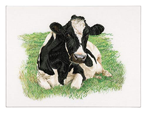 Thea Gouverneur Cow On Linen Counted Cross Stitch Kit-23.625-inch x 17.75-inch 32 Count, White, 60x45cm