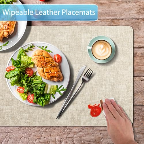 Placemats Set of 12 Washable, Heat Resistant Table Placemats Wipeable Faux Leather Place Mats Non Slip, Waterproof Square Table Mats for Indoor Outdoor, Beige