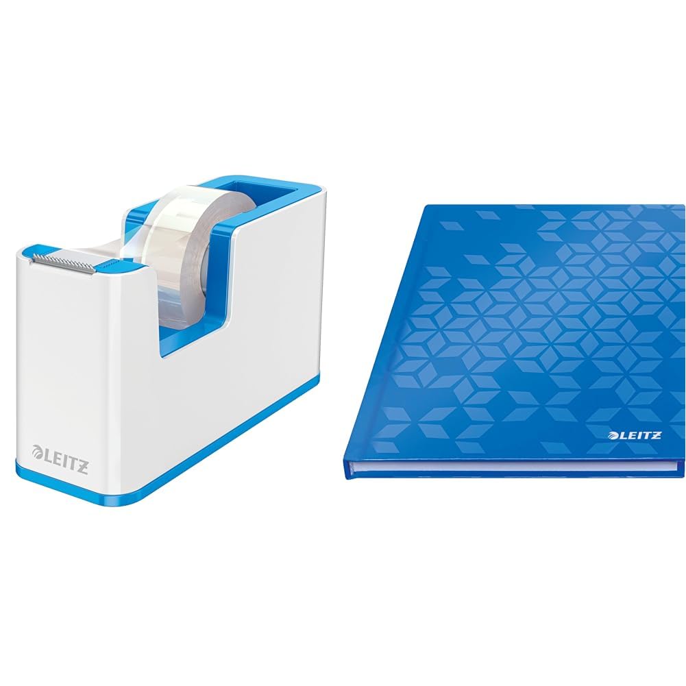 Leitz WOW Set Klebeband-Tischabroller + Notizbuch A5 kariert Hardcover, 160 Seiten, 80 Blatt, Klebebandabroller mit festem Stand inkl. Klebeband, Weiß/Blau, 53641036 + 46281036