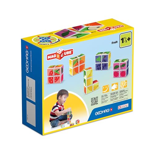 Image of GEOMAG MagiCube Fruit 4-Piece Magnetic Cubes Building Set, Toddlers & Kids Ages 1.5+, STEM-Endorsed Educational Toy, Swiss-Made, Creativity & Early Learning Fun, 6 Adorable Building Ideas