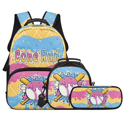 HUIACONG 3 Piece Baseball Backpack Set for Girls 17 Inch Ice Cream Tone Schoolbag with Portable Lunch Bag and Pen Case for 6th-8th Graders