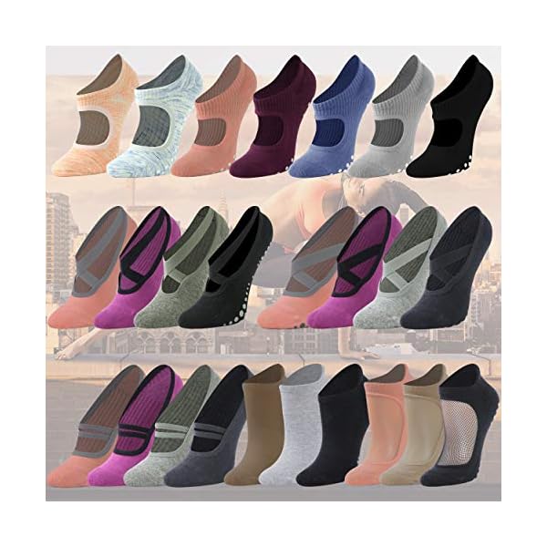Yoga Socks for Women, Non-Slip Grips & Straps, Home Work Ideal for Pilates, Pure Barre, Ballet, Dance, Barefoot Workout Equipment Non Skid Socks(3Pairs-Black+Grey+Fuchsia-Instep Cross Strap Medium)
