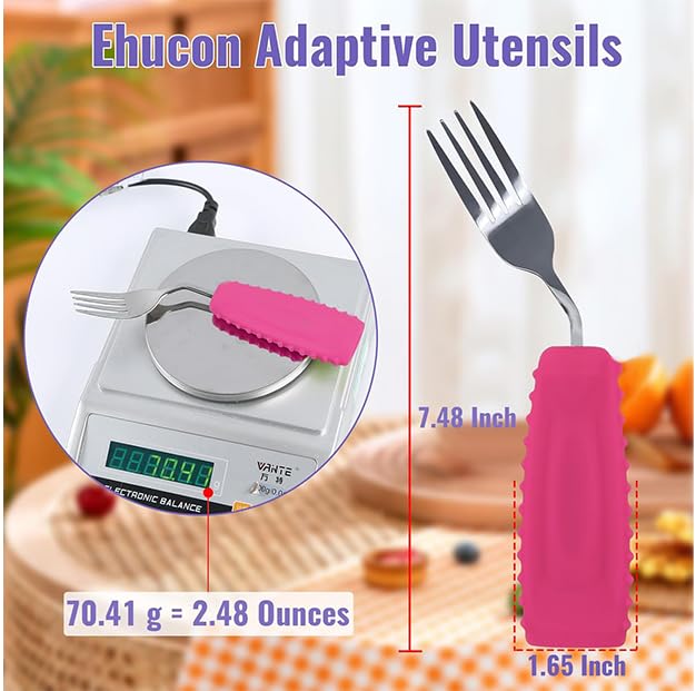 Image of Adaptive Utensils Angled Spoon and Fork for Hand Tremors Parkinsons,Weighted Utensils with Non-Slip Easy Grip Handles for Independent Eating (1pcs Spoon+1pcs Fork=2 pcs,Pink,Right Hand)