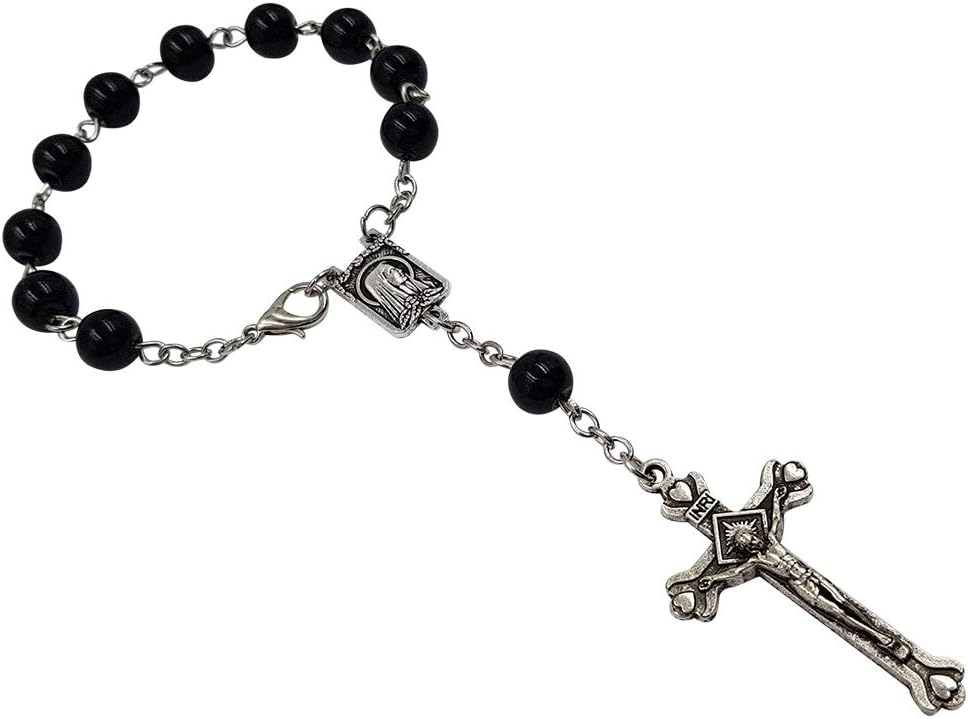 Treasure4U-Store One Decade Auto Rosary for Rearview Mirror Black Pearl Glass Beads Catholic Bracelet Our Lady of Lourdes Centerpiece Religious Gift Car Truck Travel Protection - Image 4