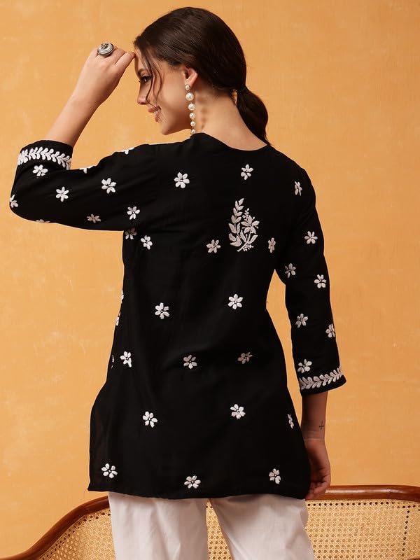 Image of Ada Women's Muslin Straight Fit Tunic Hand Embroidered Lucknowi Chikankari Straight Top Short Kurti A911420